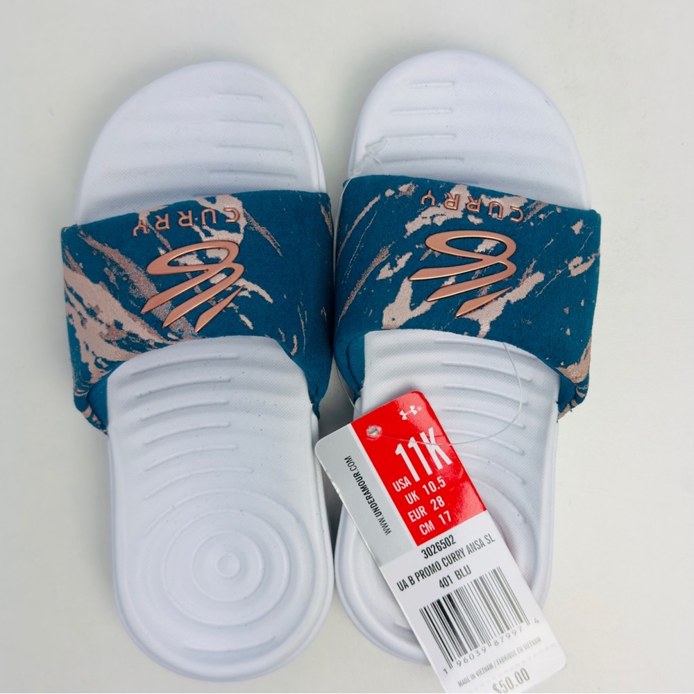 Under Armour Kids Steph Curry Ansa Slides, Teal, Size 11K NWT NEW